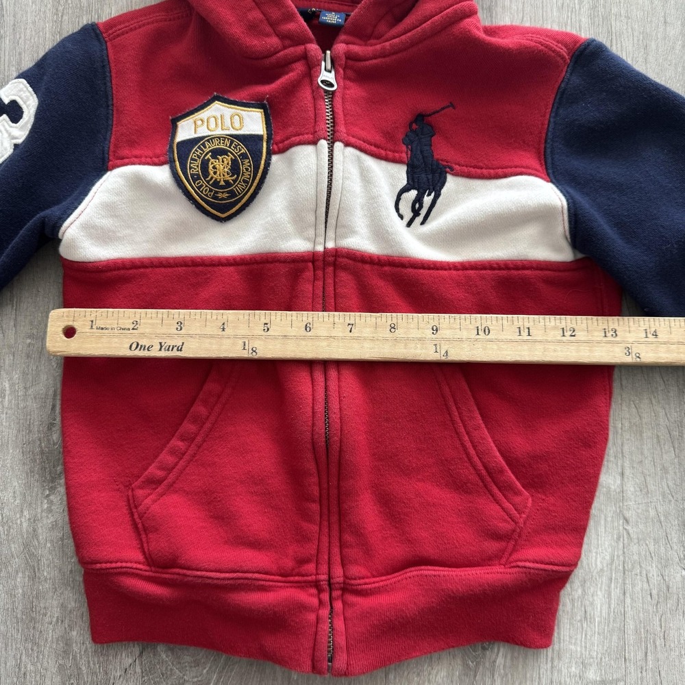 Polo Ralph Lauren Hoodie Boys 5 Red Navy Full Zip Fleece Big Pony Crest Patch 3 - Picture 4 of 6